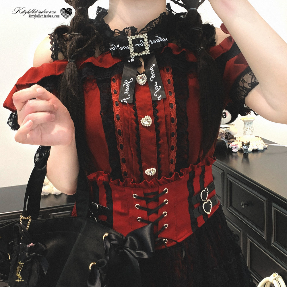 Lace Open Shoulder Jirai Kei Blouse, Heart Rhinestone 43692:783158