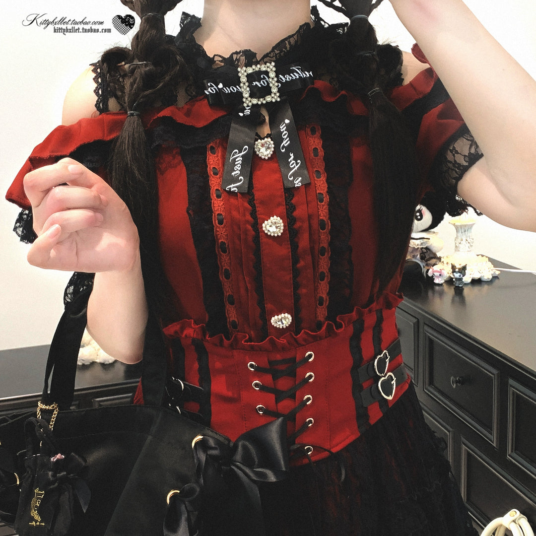 Lace Open Shoulder Jirai Kei Blouse, Heart Rhinestone 43692:783158