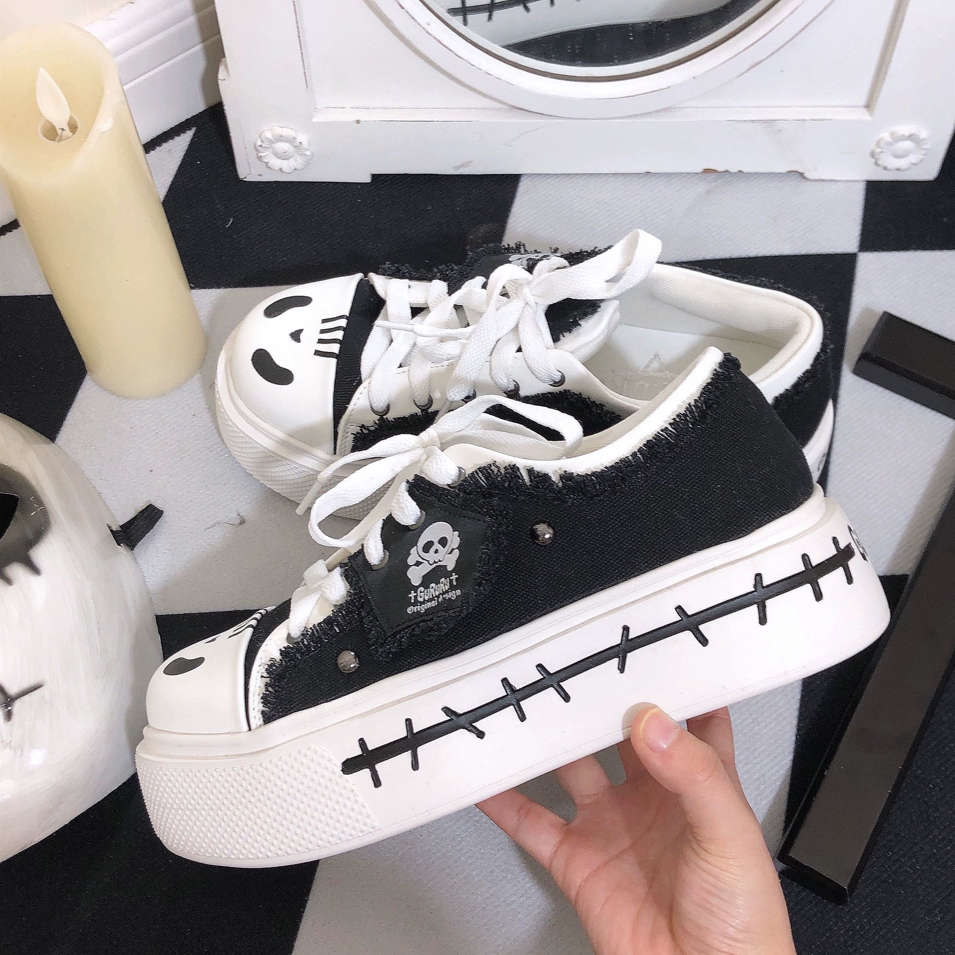 Y2K Subculture Girl Platform Canvas Black White Shoes 28960:343956