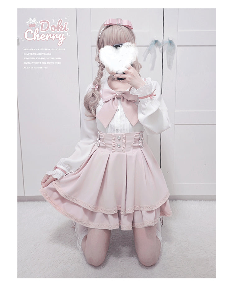 Jirai Kei Outfit A-Line Skirt and Long-Sleeved Blouse with Rhinestone Bow 42520:744277