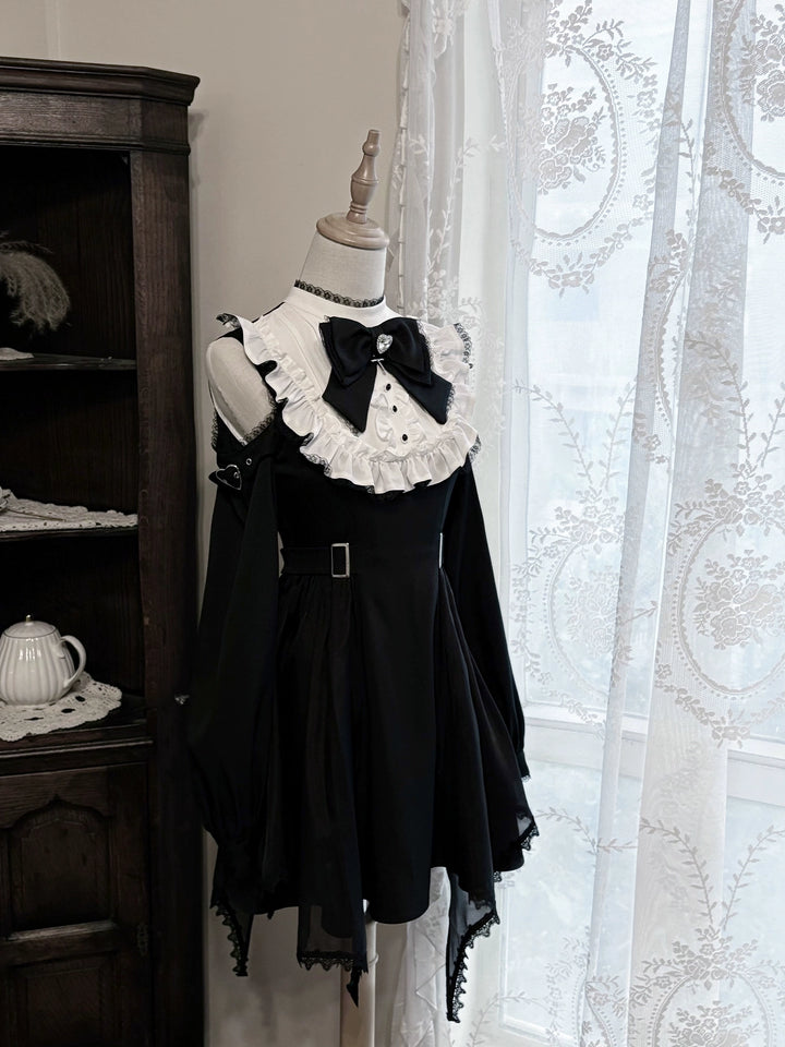 Gothic Open Shoulder Dress, Detachable Collar Bow (L M S) 43655:782382