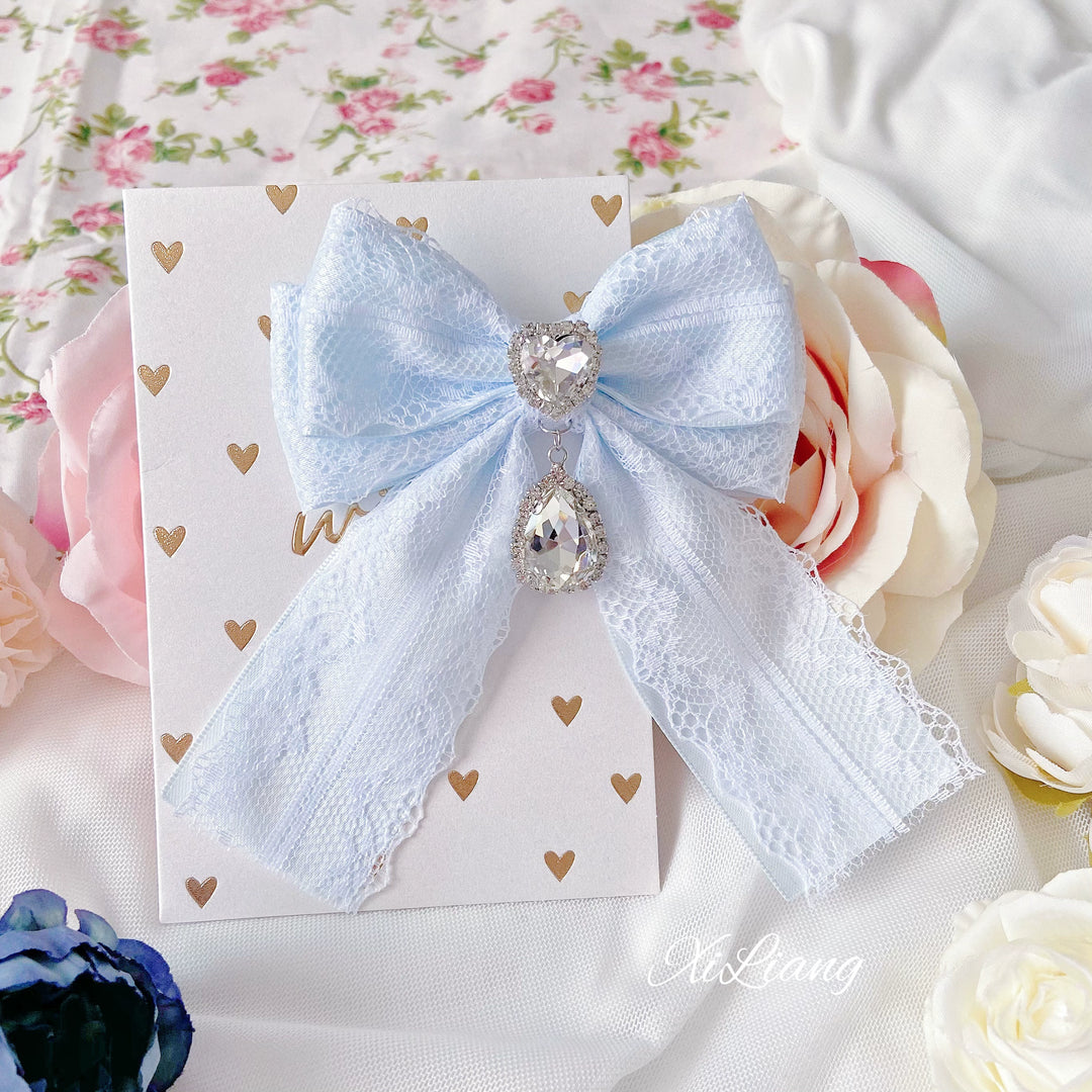 Jirai Kei Blue Hair clips Heart Rhinestone Bow Accessories 33792:449984 33792:449984