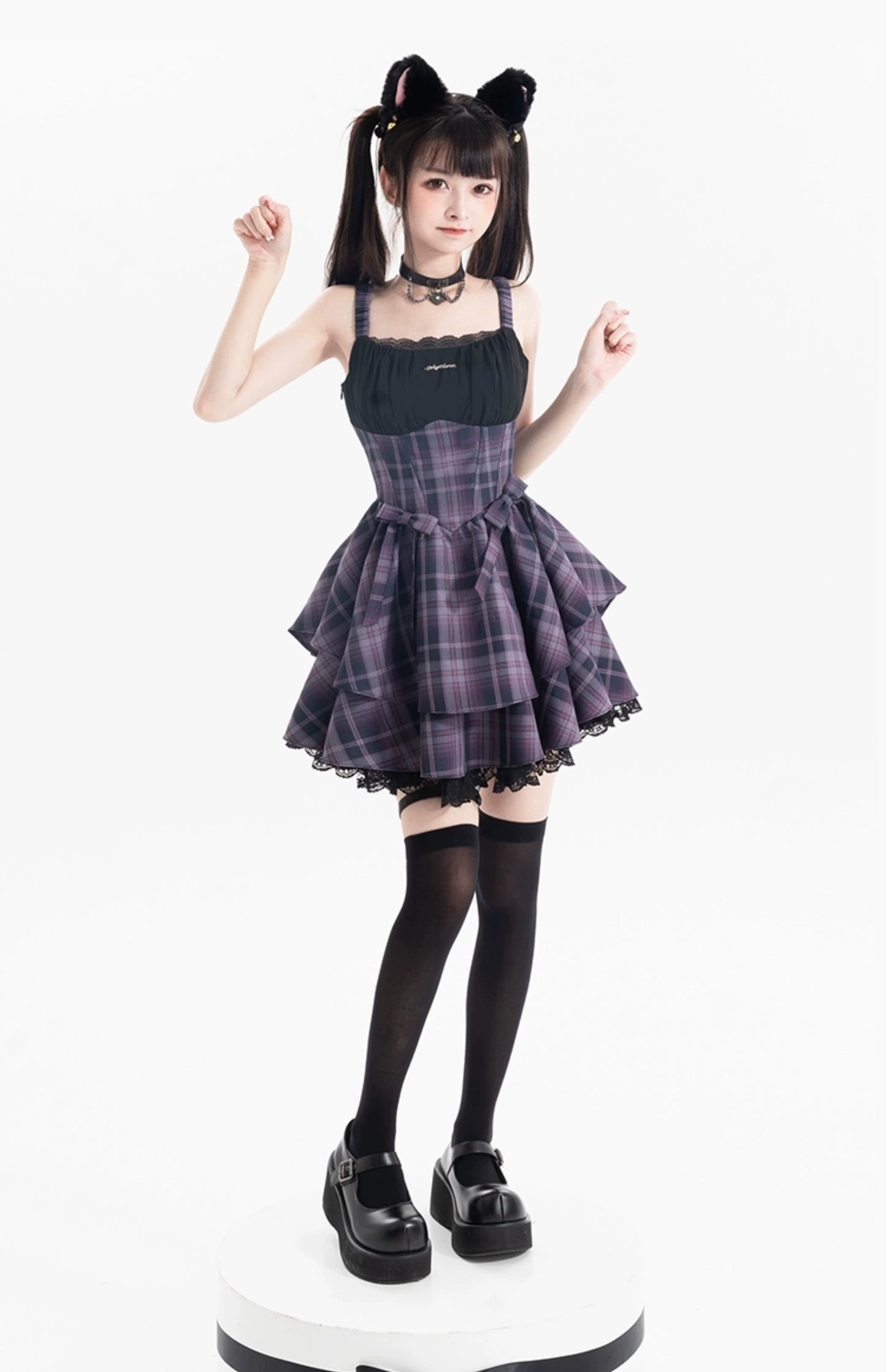 Kawaii Purple Plaid Onepiece Dress Black Bolero 22508:323446 22508:323446