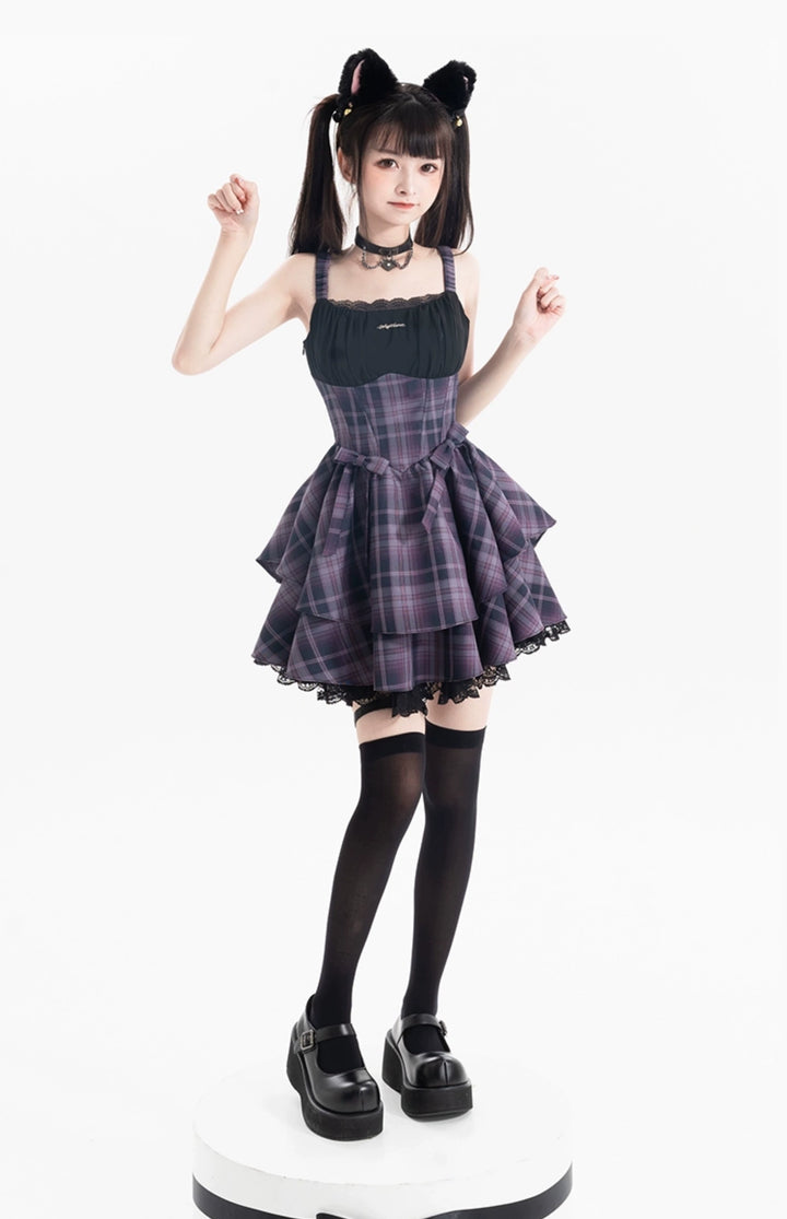 Gyaru Purple Plaid Dress With Lace Trim And Black Bolero 22508:323446