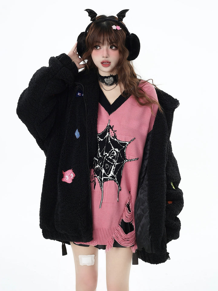 Black Pink Sweater Star Knit V-neck Pullover Sweater 32462:423384