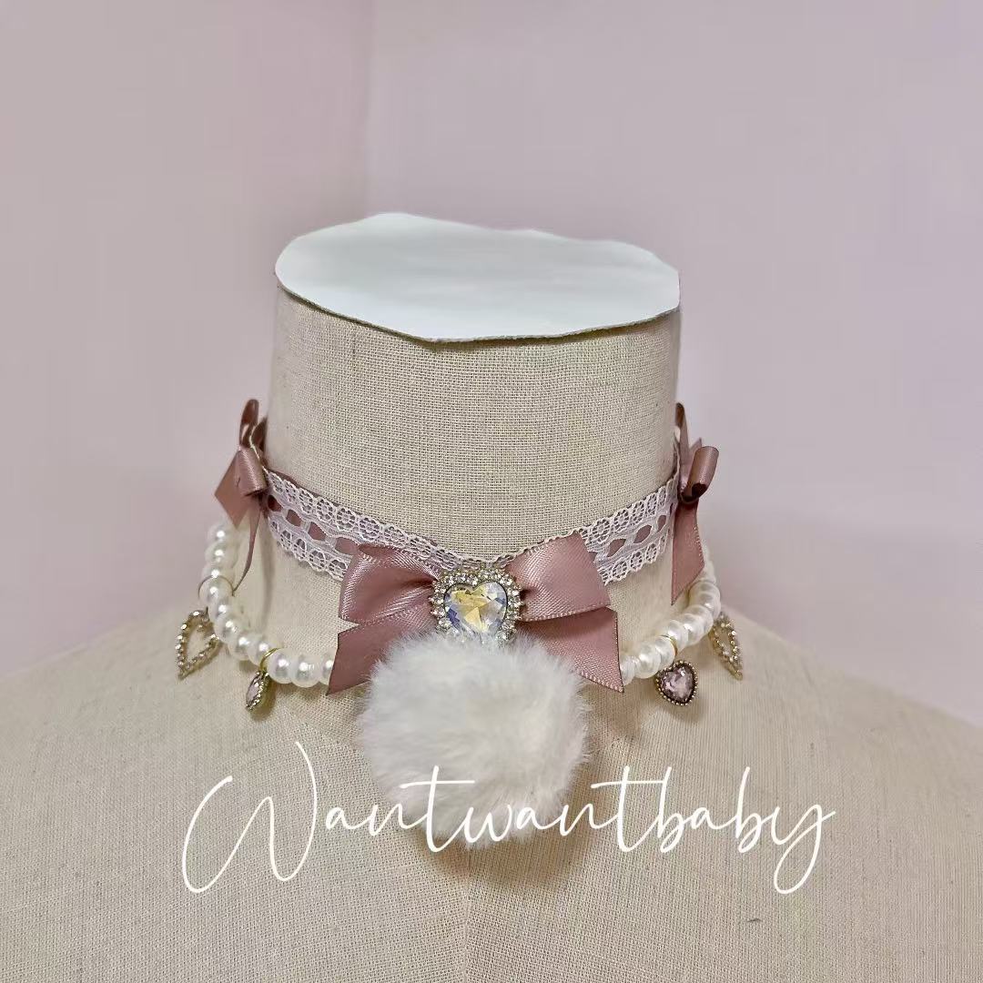 Jirai Kei Lace Choker With Bows Rhinestones And Heart-shaped Ball 42234:733378