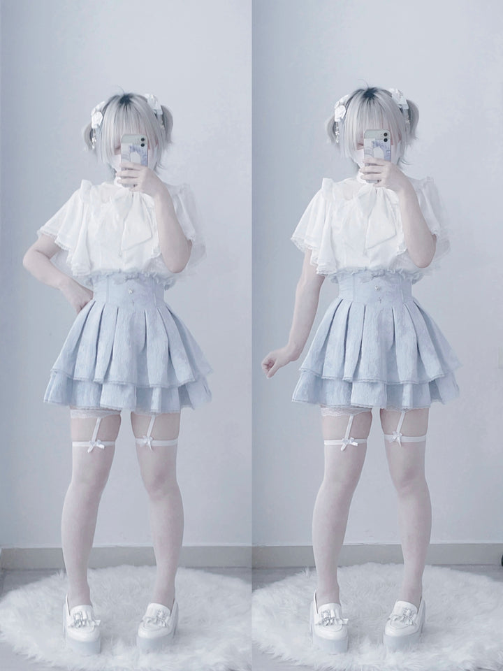 Ruffled Cape Sleeves Jirai Kei Blouse With Heart Pearl Buttons 43036:762557
