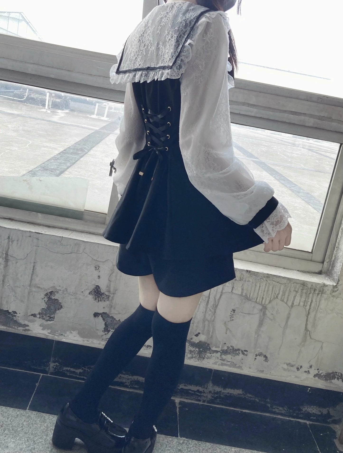 Black Jirai Kei Set Lace Sleeve Sailor Collar Dress Shorts 37650:567938