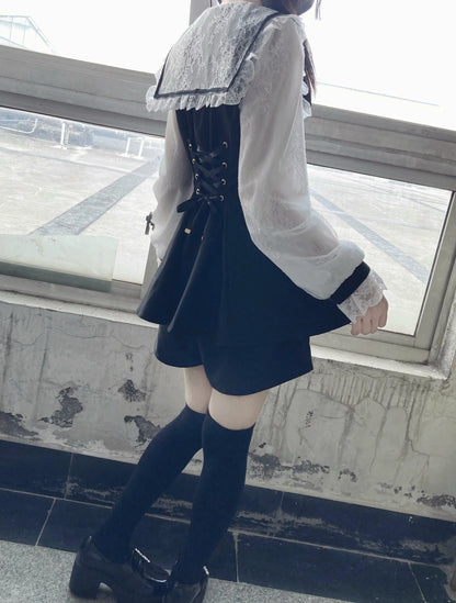 Black Jirai Kei Set Lace Sleeve Sailor Collar Dress Shorts 37650:567952