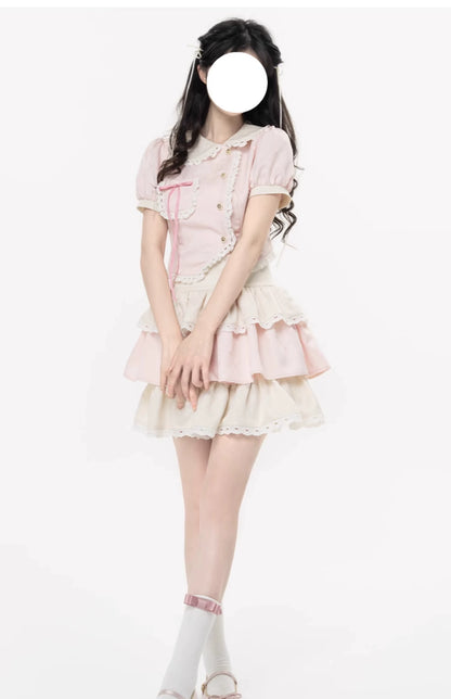 Kawaii Pink Outfit Set Sweet Tiered Skirt Set 37546:576798