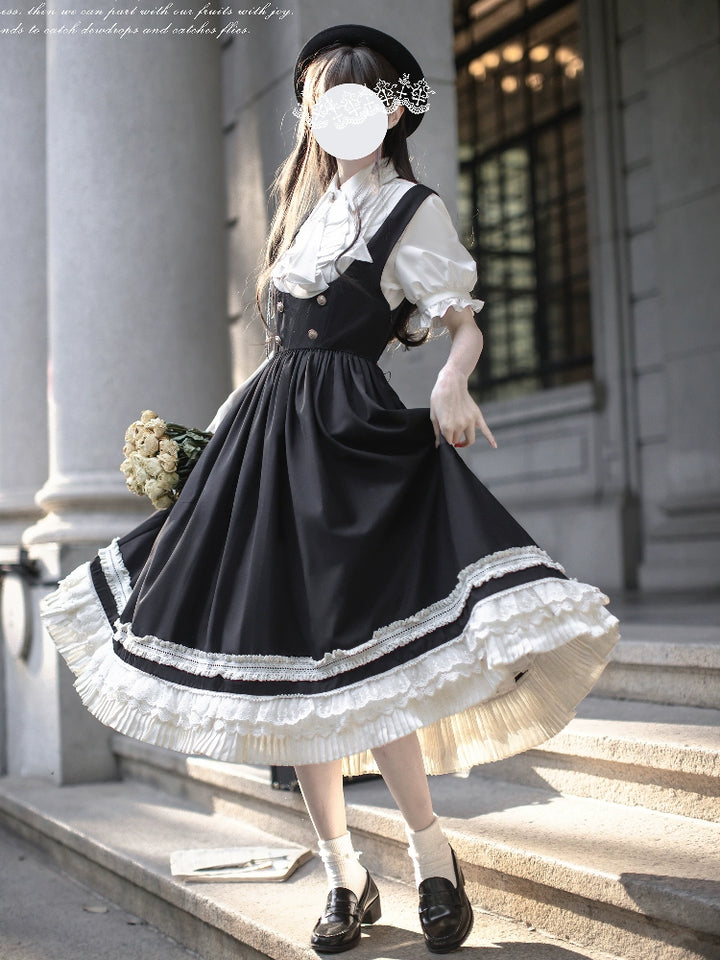 Black Preppy Style Jumper Dress, White Blouse 43508:778715