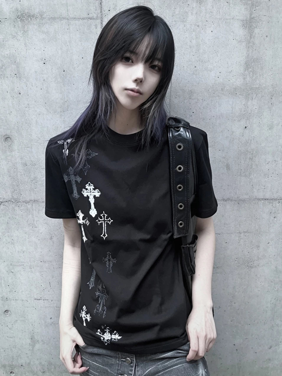 Cotton Subculture Cross Printed T-Shirt, Regular Shoulder 45696:859098