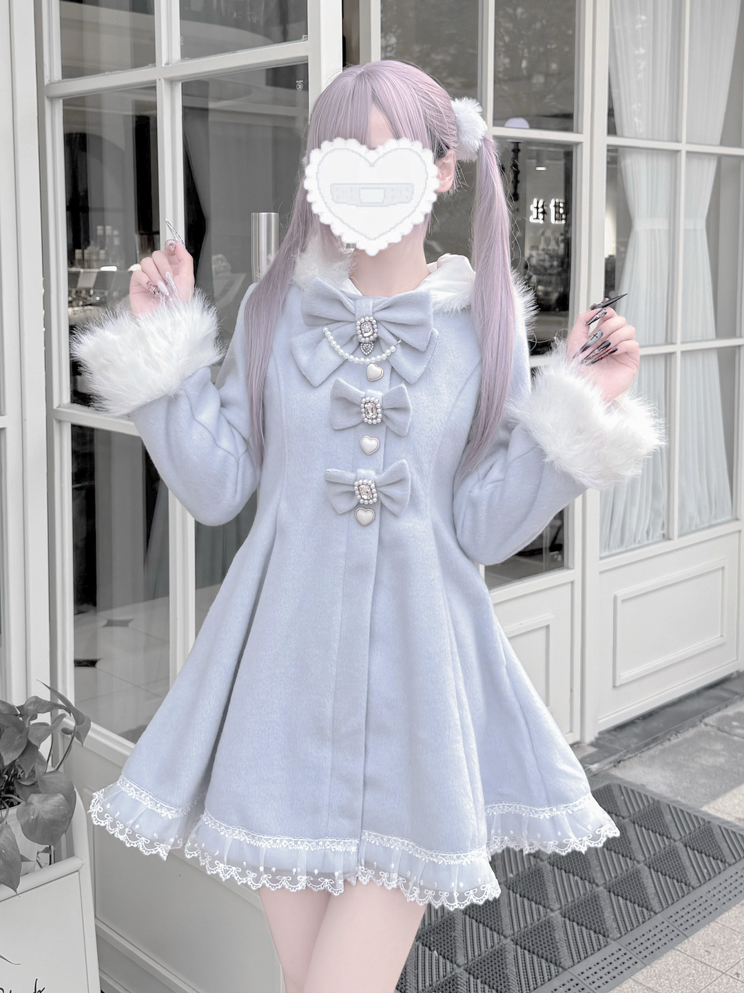 Wool-Blend Ryousangata Coat, Detachable Bunny Ear Hood 44014:792994