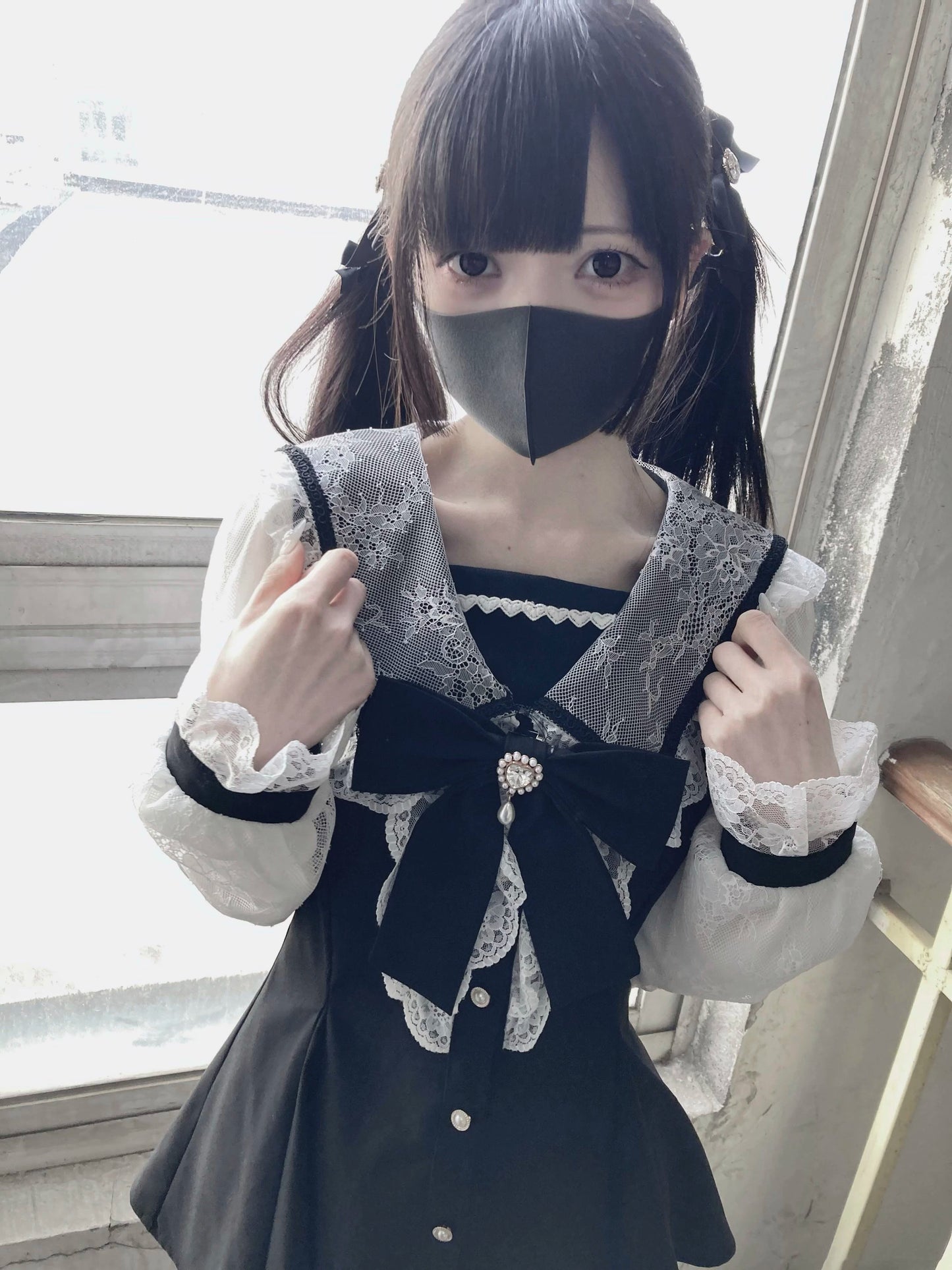 Black Jirai Kei Set Lace Sleeve Sailor Collar Dress Shorts 37650:567928
