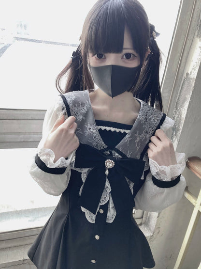 Black Jirai Kei Set Lace Sleeve Sailor Collar Dress Shorts 37650:567948