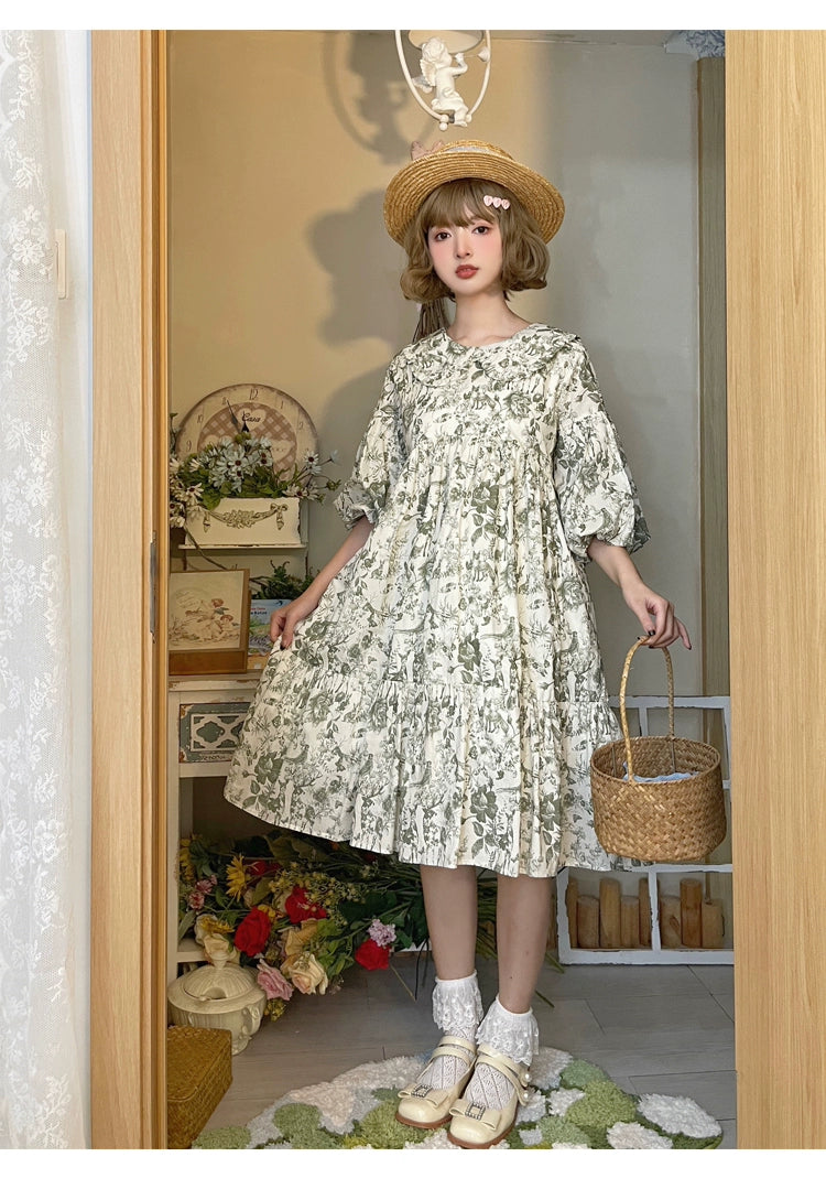 Mori Kei Dress Bubble Sleeve Vintage Green Floral Dress 36552:531198