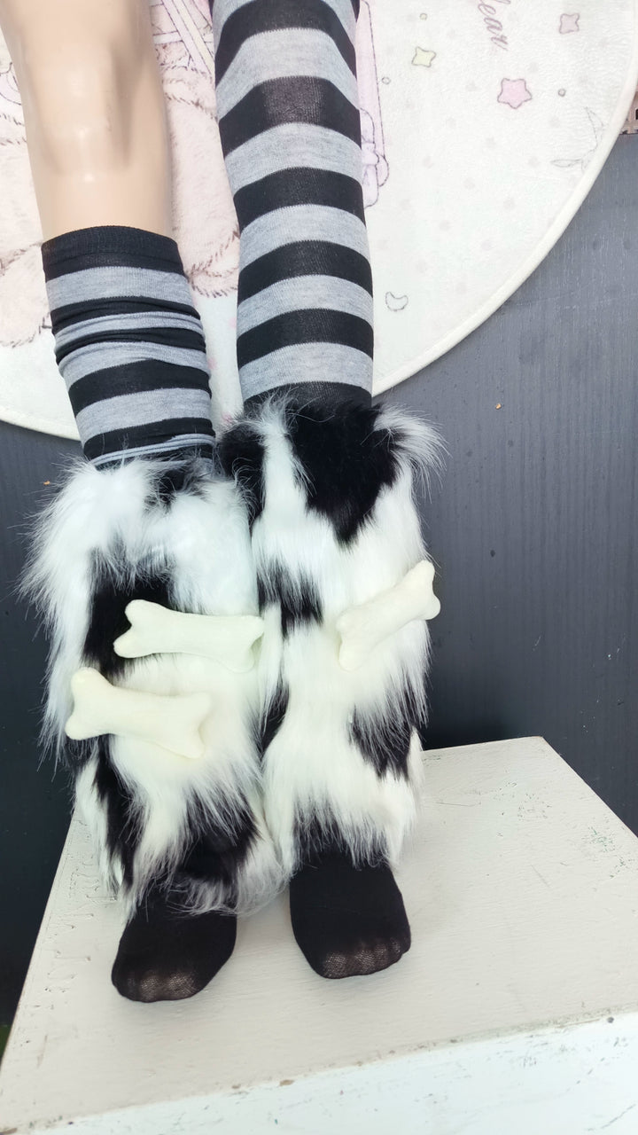 Y2K Socks Black Plush Leg Warmers Striped Knee Socks 39750:640776