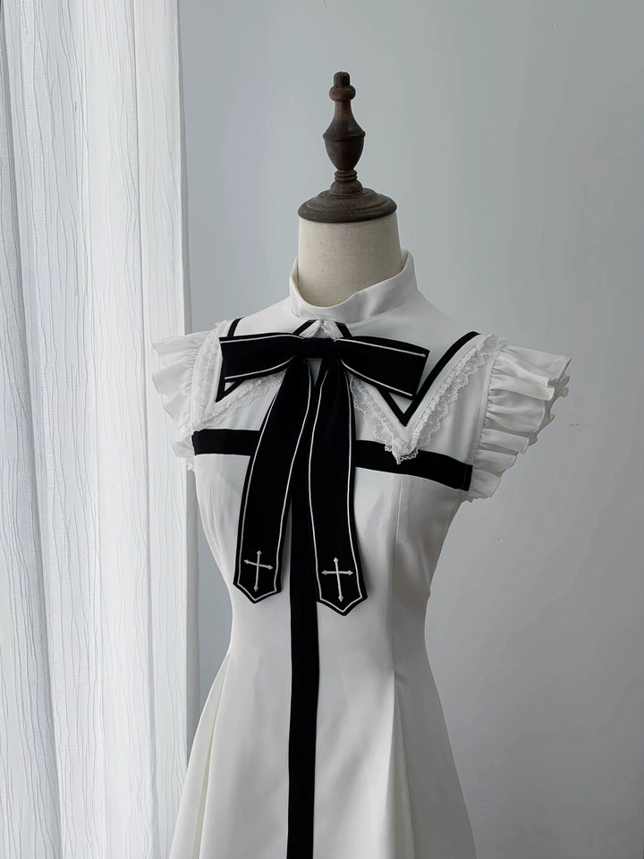 Gothic Dress with Pleated Hem, Detachable Faux Collar 45807:865833