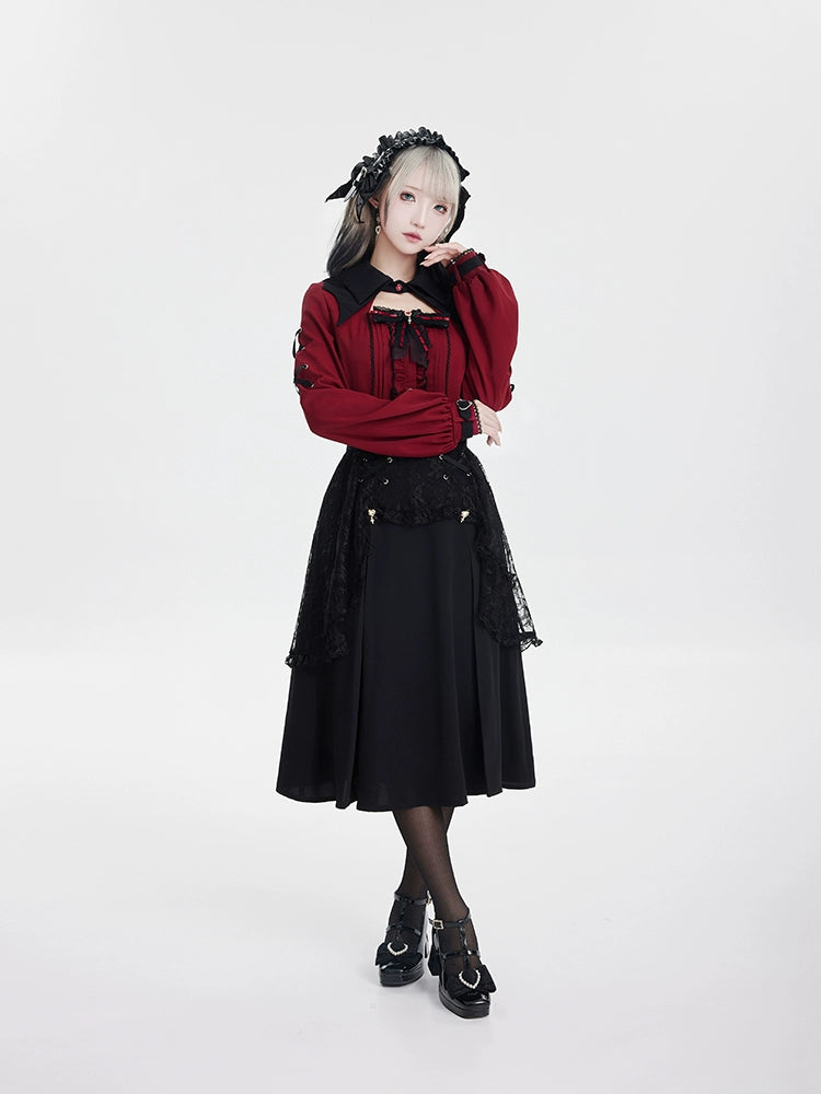 Jirai Kei Black Skirt Double Layer Long A-line Skirt 31468:366450
