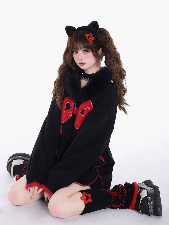 Yami Kawaii Sweater Bow Black Red Hoodie Detachable Collar 39556:639618