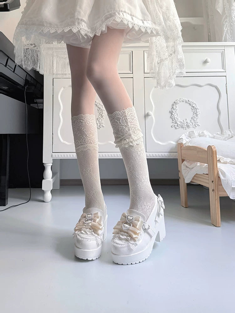 Jirai Kei Chunky Heel Slip-on Shoes, Bows and Pearls 45868:866941