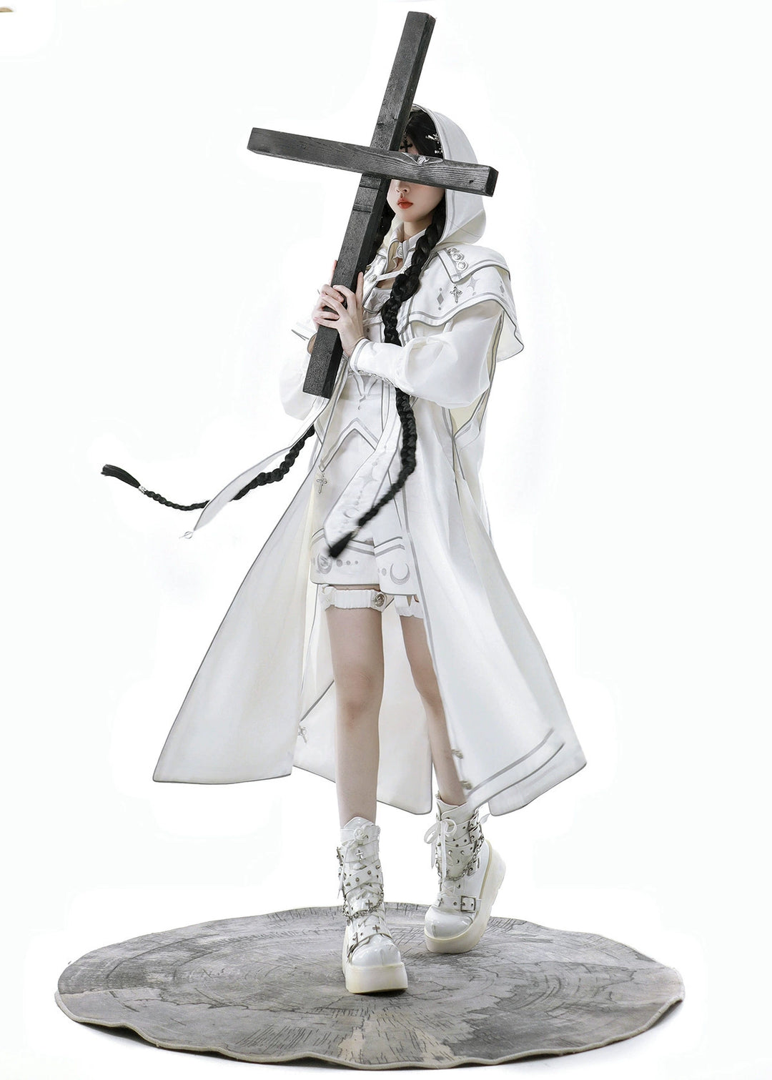 Cyberpunk Cloak Set White Hooded Cloak Top And Shorts 38820:602062