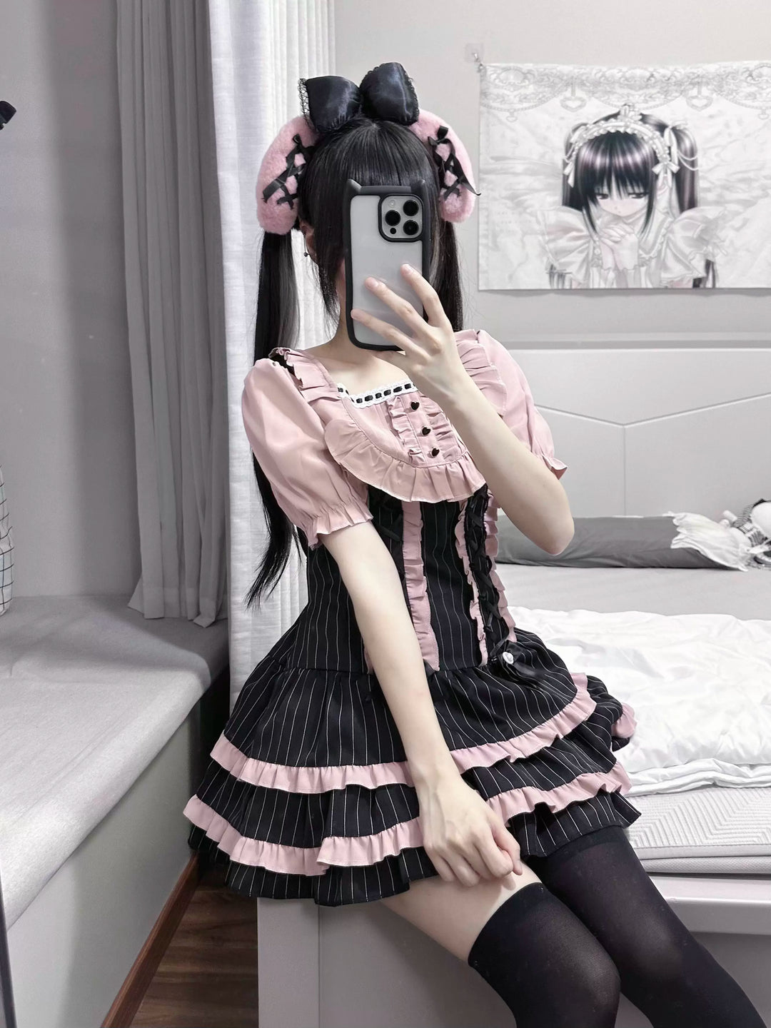 Jirai Kei Low Waist Striped Dress, Detachable Hem Bows 45831:864461