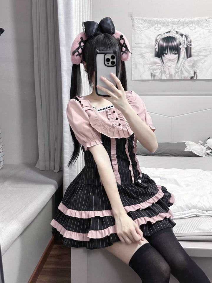 Jirai Kei Low Waist Striped Dress, Detachable Hem Bows 45831:864461