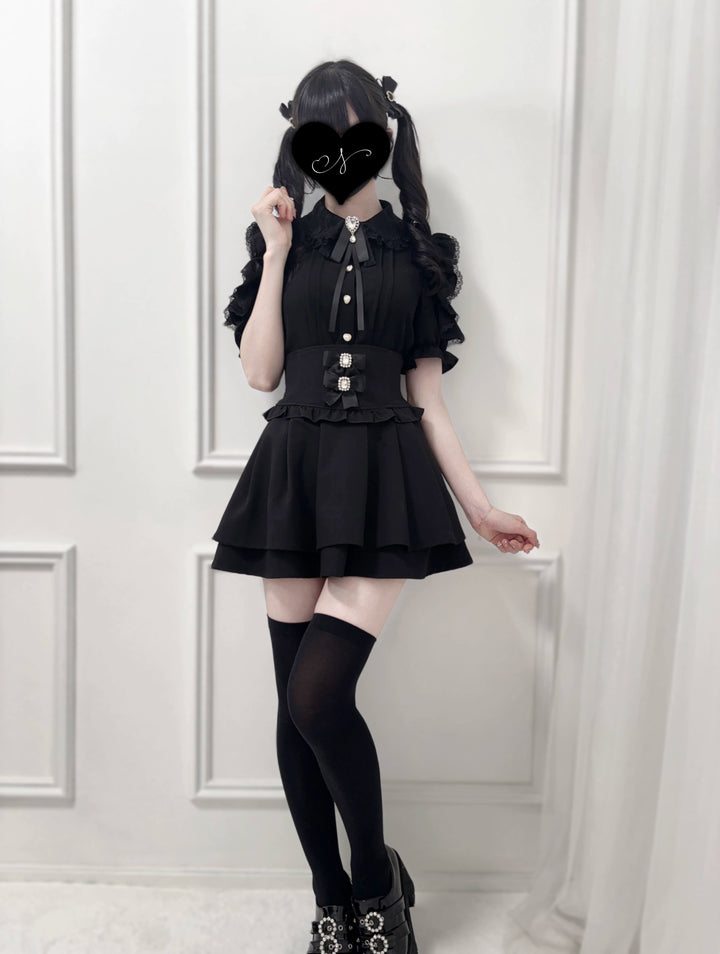 Ruffle Lace Ryousangata Blouse with Pearl Buttons And Ribbon 43103:765838