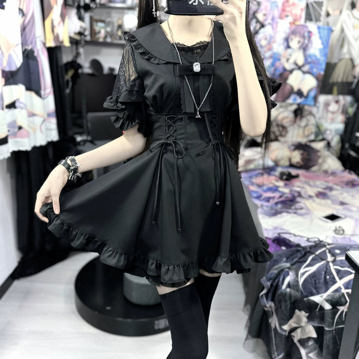 Jirai Kei Dress Sailor Collar Black Dress Slim Fitting Dress Set 38730:599328