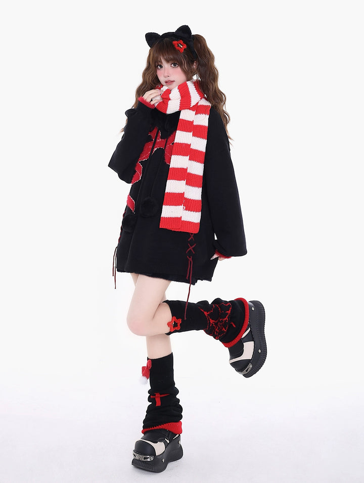 Yami Kawaii Sweater Bow Black Red Hoodie Detachable Collar 39556:639628