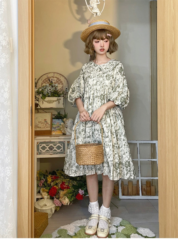 Mori Kei Dress Bubble Sleeve Vintage Green Floral Dress 36552:531170