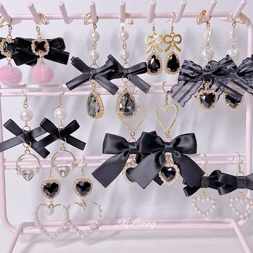 Black Jirai Kei Earrings Heart Rhinestone Bow Ear Clips 33796:449942 33796:449942