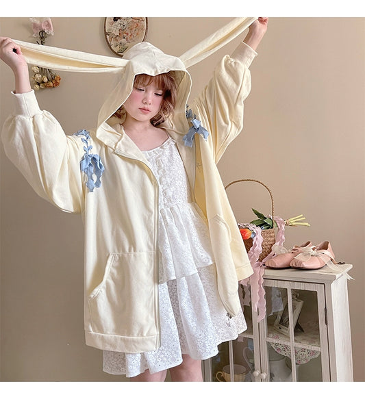 Pastel Oversized Hoodie Blue Apricot Bunny Ears Sweatershirt 22656:344294