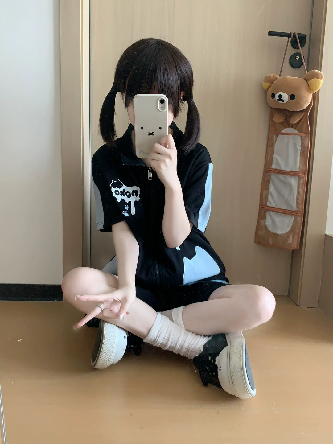 Cat Printed Kawaii Outfit, Zip Up Sweatshirt + Pocketed Shorts 43561:779966