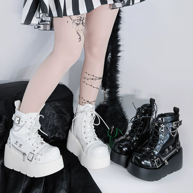 Punk Shoes Black White Platform Gyaru Fashion Combat Boots 29710:368886