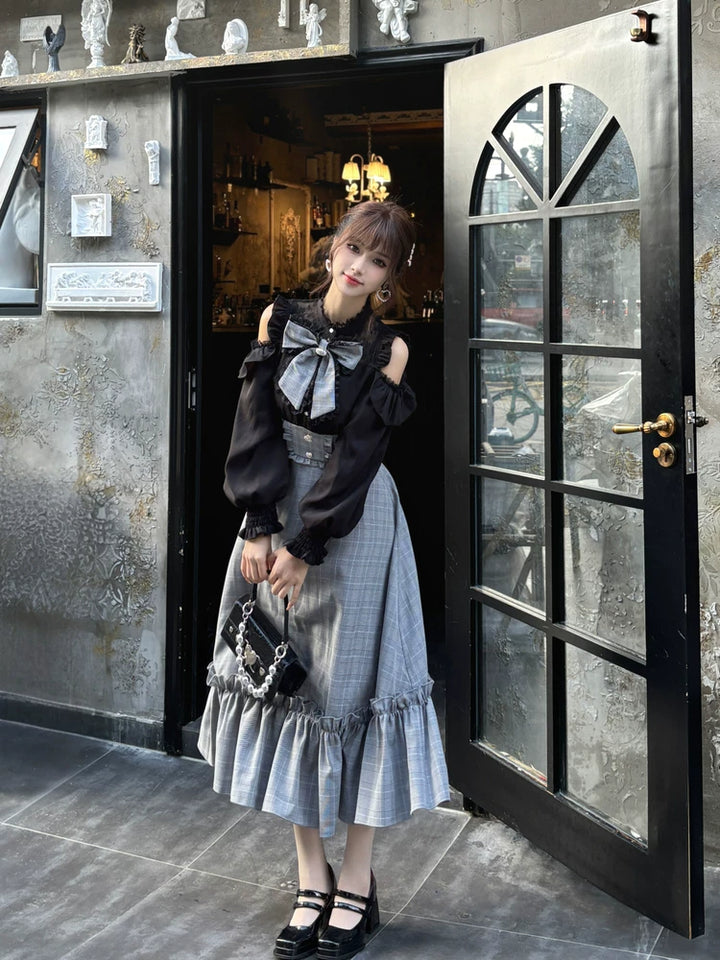 Jirai Kei Open-Shoulder Long Dress, Detachable Bow (Pre-order / 2XL 3XL L M S XL) 44754:823918