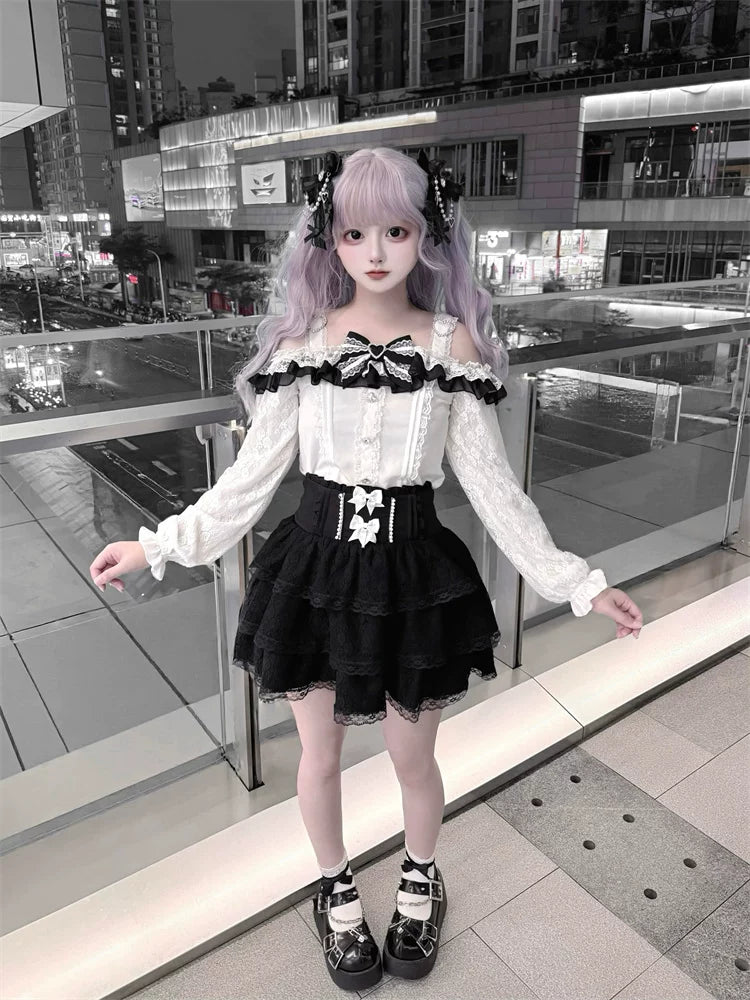 Jirai Kei Off Shoulder Blouse, Lace Layered Skirt 45576:856338