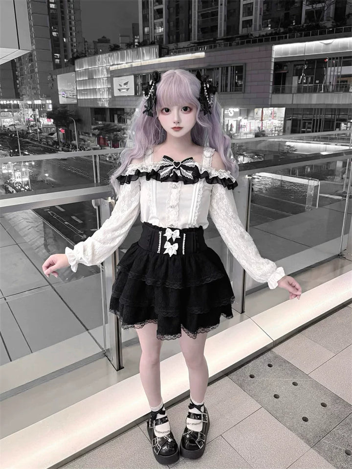 Jirai Kei Off Shoulder Blouse, Lace Layered Skirt 45576:856338
