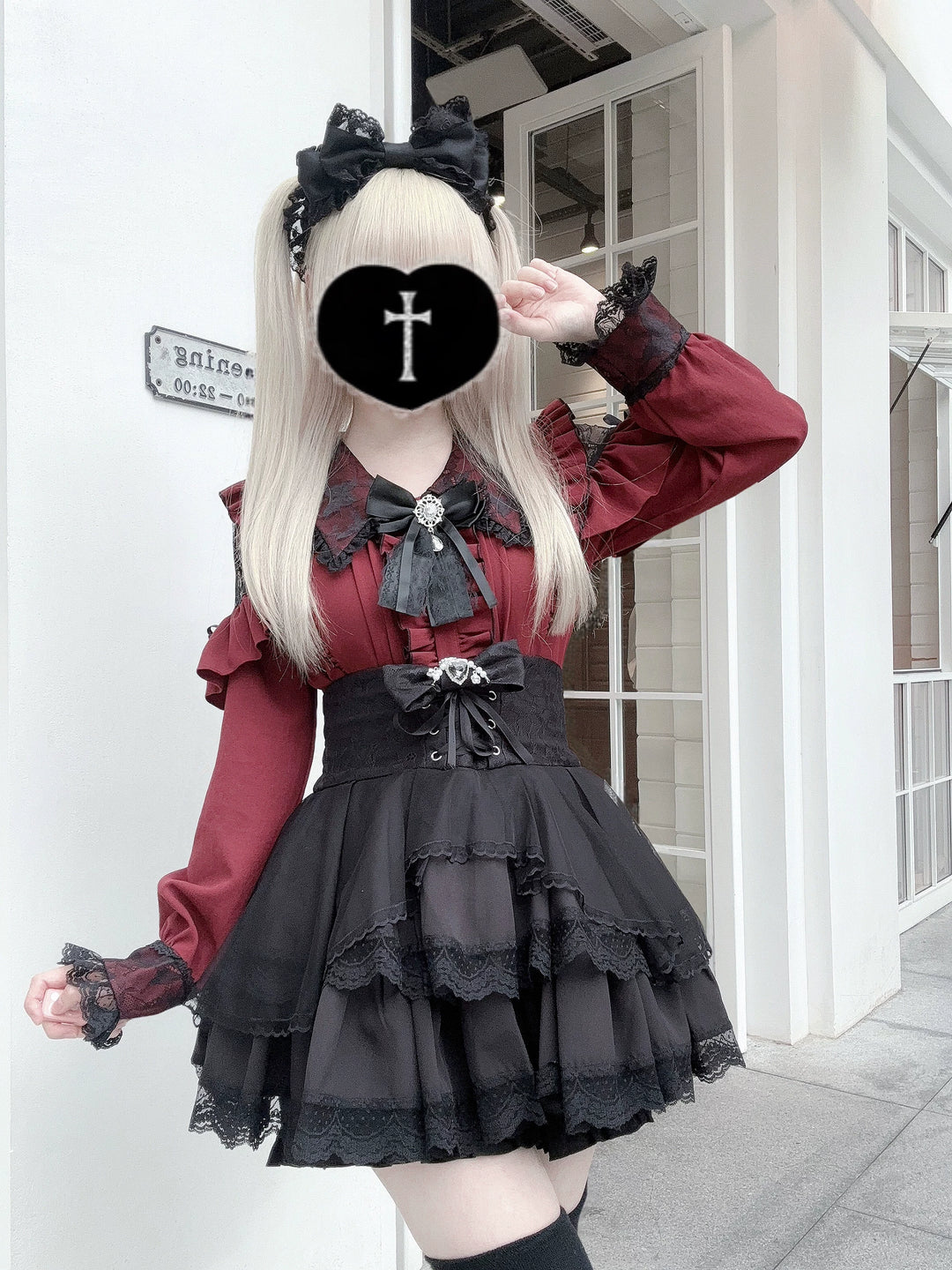 Jirai Kei Long Sleeve Blouse, Lace Overlay and Heart Buttons 44589:815208