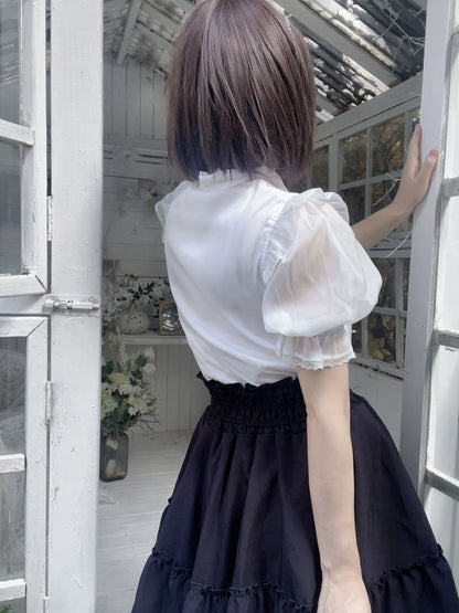 Jirai Kei Blouse Black White Pink Shirt Bowknot Short Sleeve Shirt 31994:425526