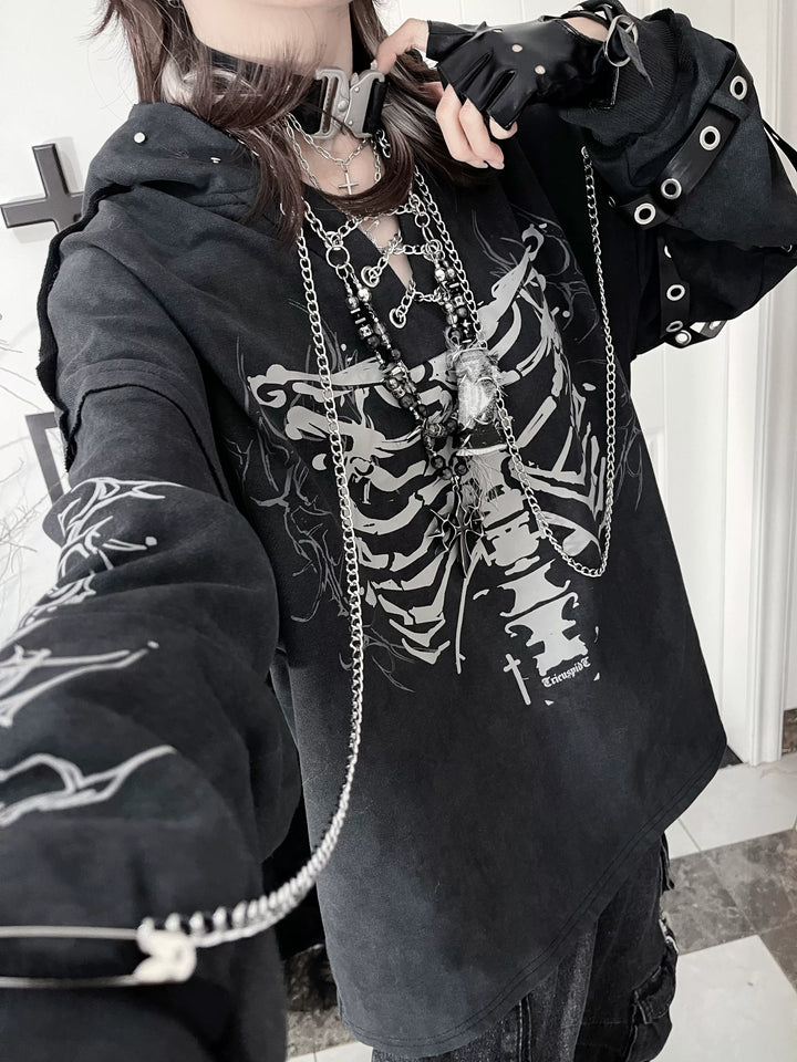 Ribcage Printed Subculture Hoodie, Ear-Accent Hood (L M S) 44564:815245