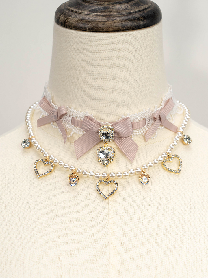 Jirai Kei Necklace Double-layered Pearl Rhinestone Choker 33806:446326