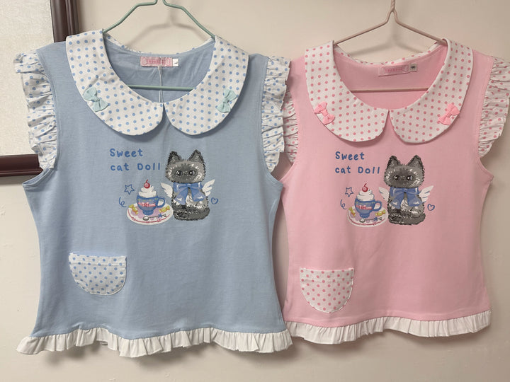 Kawaii T-shirt Cute Cat Print Top Flying Sleeve Shirt 38734:599650