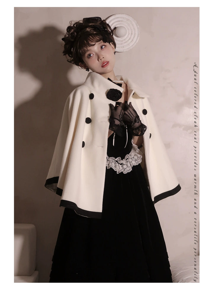 Elegant Lolita Winter Coat Black and White Camellia Cape 40284:658260