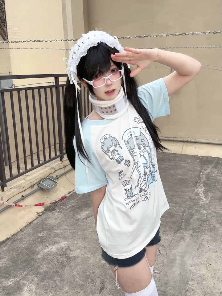Yami Kawaii Cotton T-Shirt with Angelic Nurse Print 42852:755358