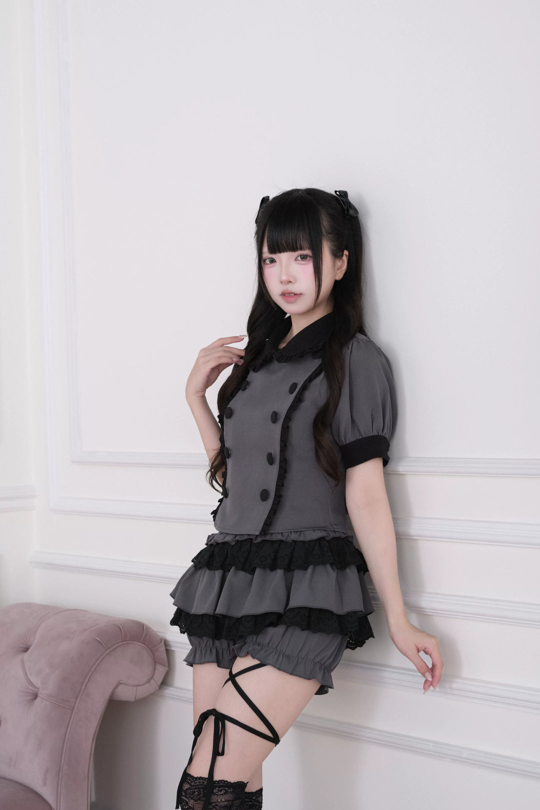 Jirai Kei Double Breasted Blouse, Layered Skort 45263:843468