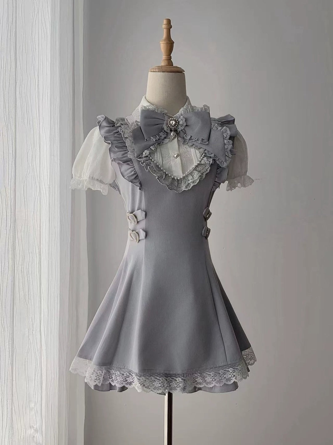 Dusty Blue Ryousangata Dress, Pearl-trim Neckline 45556:855391