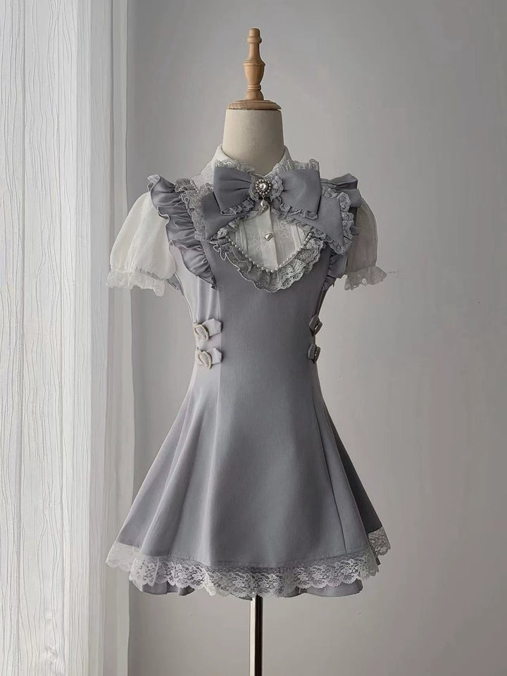 Dusty Blue Ryousangata Dress, Pearl-trim Neckline 45556:855391