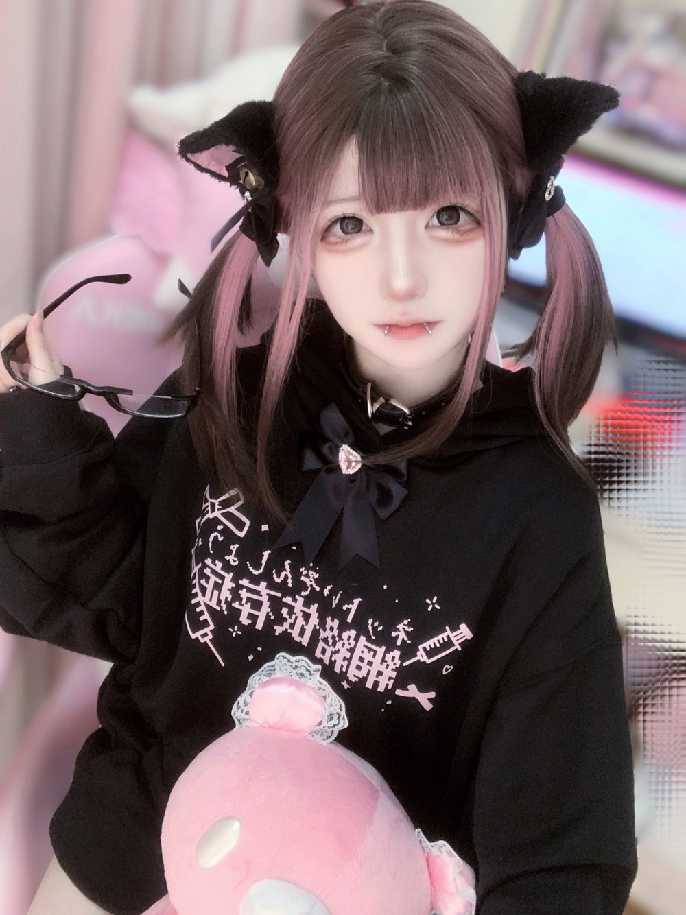 Jirai Kei Black White Hoodie Tenshi Kaiwai Hoodie 32346:408730 32346:408730